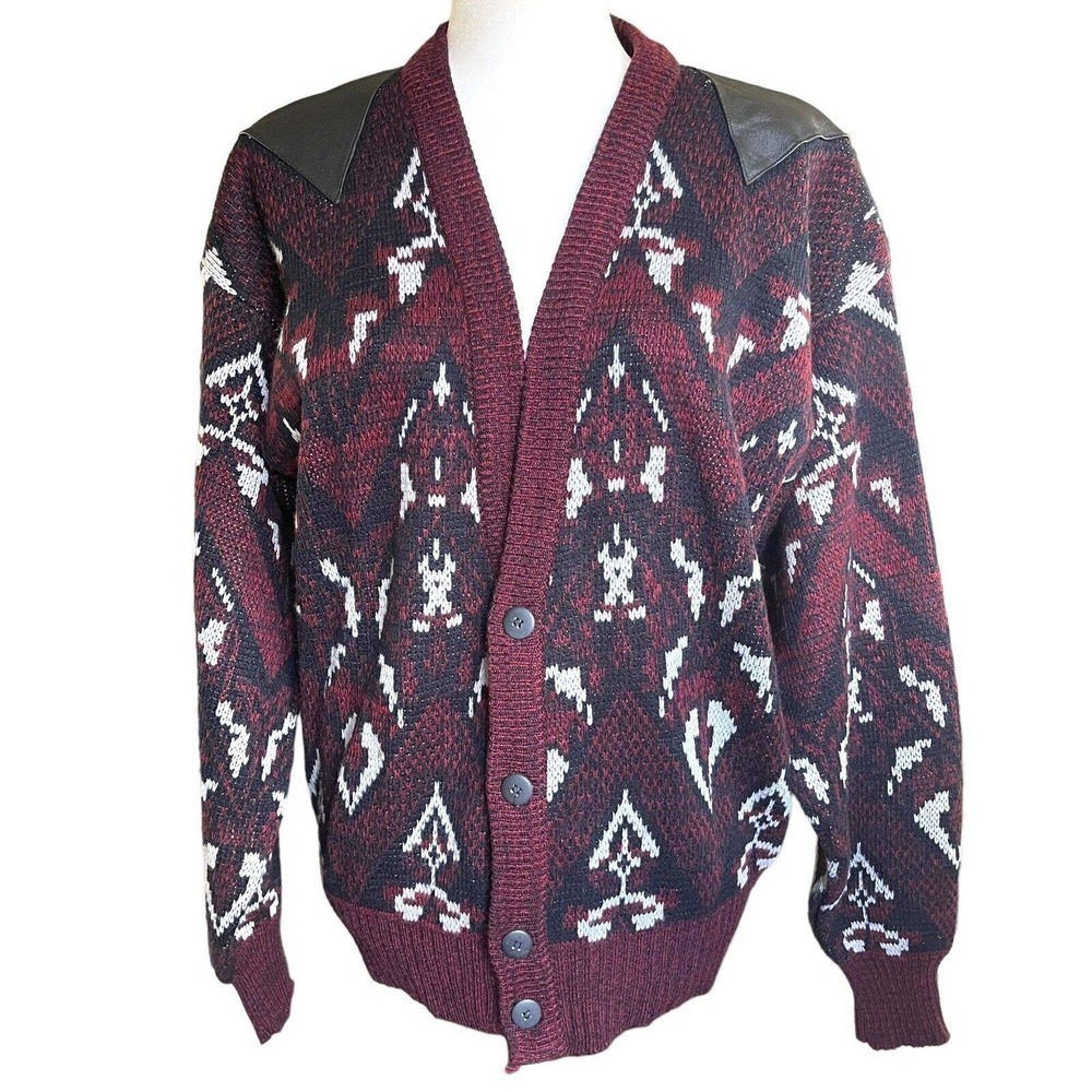 Vintage 1980’s Barnaby’s Geometric Sweater Cardigan Cosby Style M Grandpacore